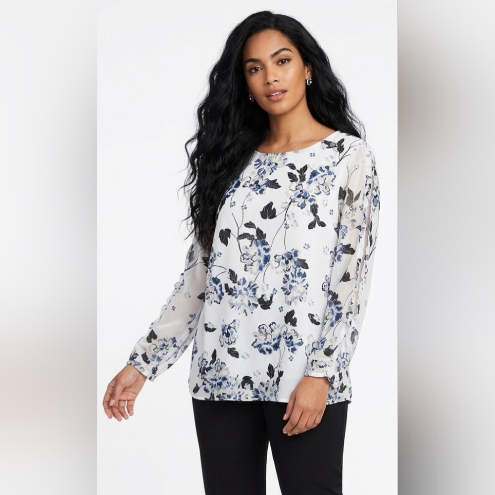 Ann Taylor Factory Semi Sheer White Blouse with Blue Floral Print Size L